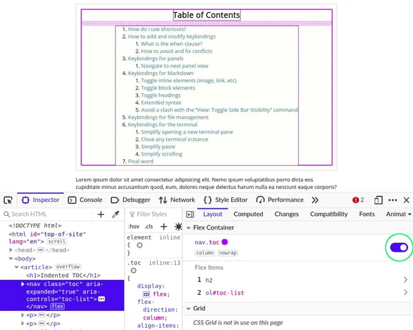 toc in devtools with the flexbox outlined