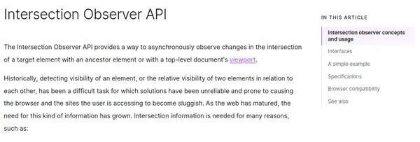 MDN sticky table of contents on the sidebar