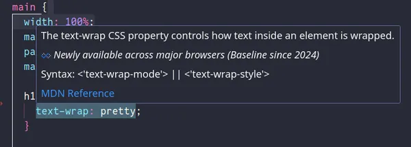 A CSS file in VS Code with the cursor hovering over the rule text-wrap:pretty. The tooltip shows the basline status as 'newly baseline'