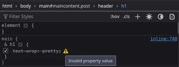 In Firefox's devtools inspection of main h1 rule shows text-wrap:pretty as an invalid property with a strikethrough a warning icon appended to the declaration