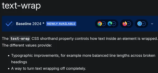 MDN page for text-wrap property with Baseline callout stating it is newly available.