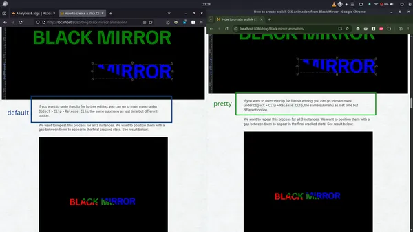 Comparison of text-wrap:pretty on a webpage from my website. The last line has 2 words on it in Chrome. Firefox has a single word on the last line.