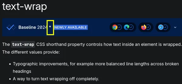 MDN page for text-wrap property with Baseline callout with the asterisk in the title highlighted. It says: Baseline 2024 * newly available