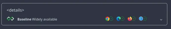screenshot of baseline web component for details element showing widely available status