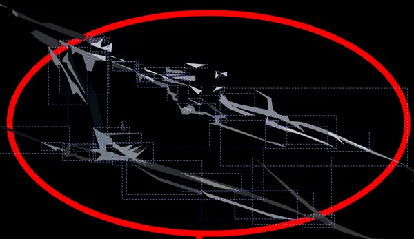 Shattered crack section showing dozens of filled in shapes