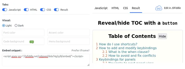 JSFiddle embed dialog showing by default an async script tag.