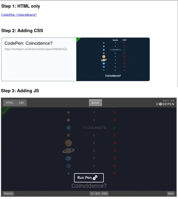 Shows 3 steps of a progressively enhanced codepen