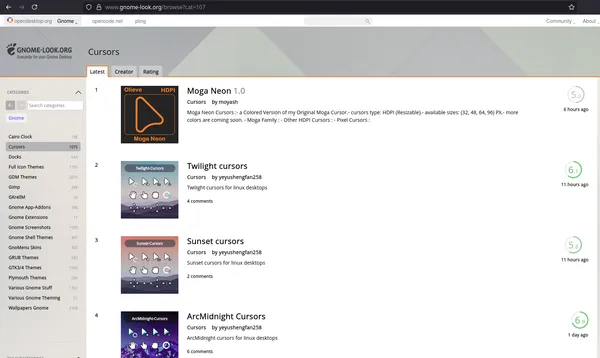 screenshot of gnome-look.org showing a list of cursor icon set for the gnome desktops