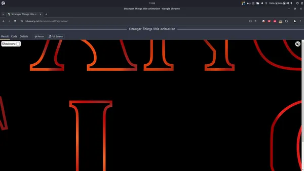 Stranger Things title animation on roboleary.net. The title bar takes up about 10% of the viewport. The result pane showing the demo in an iframe takes up about 90% of the viewport.