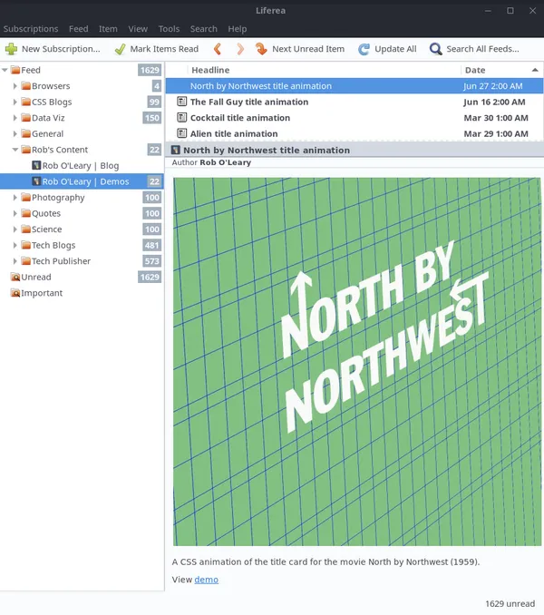 The demos feed is open in the Liferea RSS reader. It shows 22 unread items. The first item is selected which has the headline 'North by Northwest title animation'. In the details pane, it shows a screenshot of the demo accompanied by summary text of the demo, and a link to view the demo.