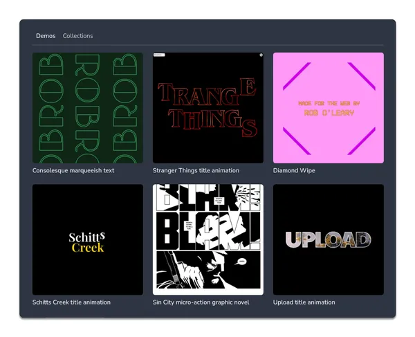 A page from my demo gallery. It shows 6 demos in a grid with a preview image of aspect ratio 1:1, and a title.
