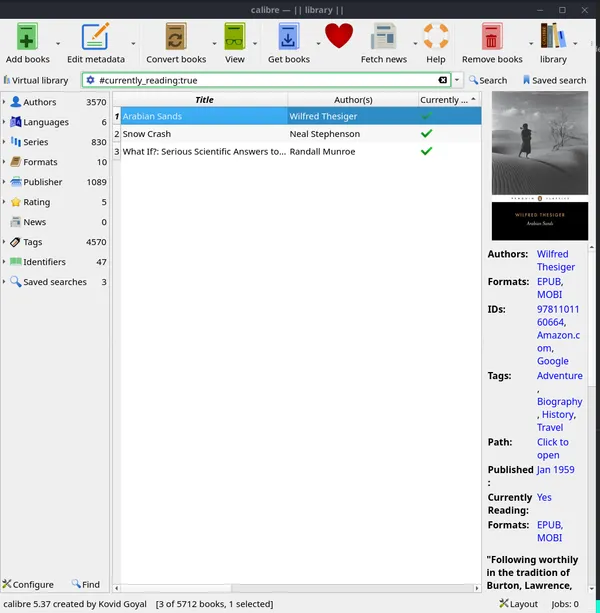 Calibre e-book management app showing my library filtering by currently reading