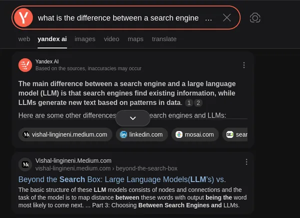 screenshot of yandex search results for the query: what is the difference between a search engine and a llm. it has an AI summary on top