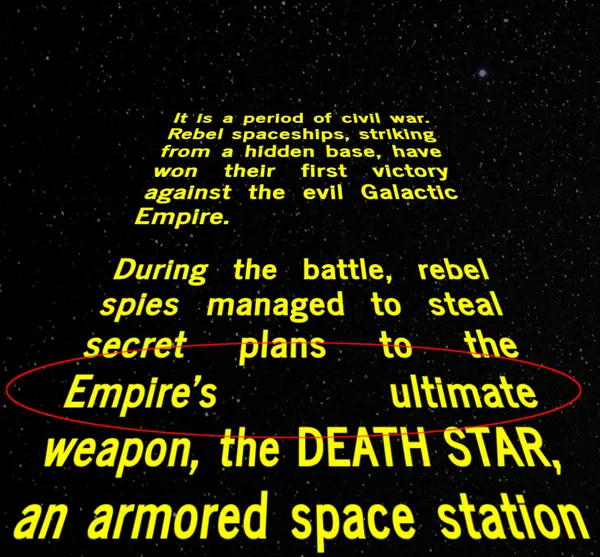 A snapshot of the stars wars crawl. A line is circled which has 2 words on it and a large gap between them.