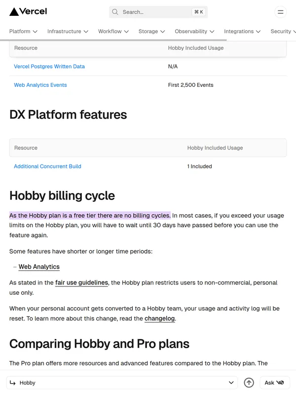 A screenshot of the page on the hobby plan for vercel. The text 'As the Hobby plan is a free tier there are no billing cycles' is highlighted in purple