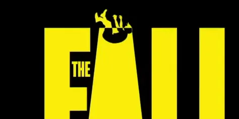 a yellow silhouette of a man, literally a falling guy, tumbling downwards through the letter A.