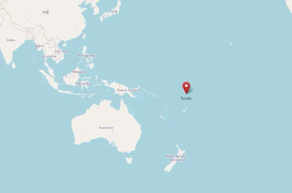 Map of the world pointing out the location of Tuvalu in the pacific ocean. It is in south pacific north of australia.