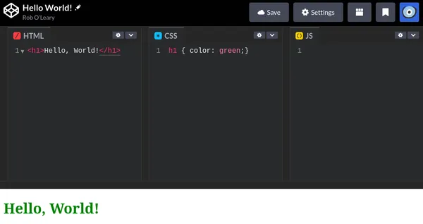 hello world codepen with the heading saying 'hello world' in green