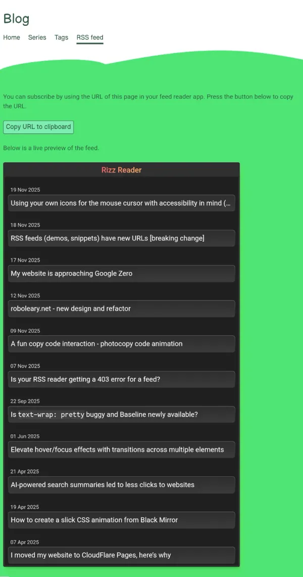 screenshot of the feed page from roboleary.net. A mini RSS reader shows a preview of the feed.