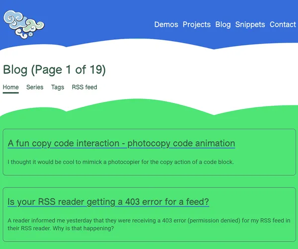 screenshot of blog page of roboleary.net. It has a vertical list of posts organised as a simple card with a title and description.