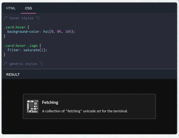 Screenshot of a demo embed. It has a tabbed pane with the code, it has 2 tabs: HTML and CSS. Below it is a result pane with the actual demo. It has a dark grey color with white text.
