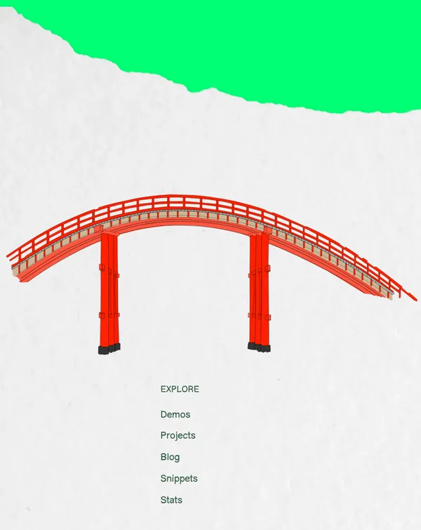 screenshot of site footer of roboleary.net.It has a background with a paper texture and a drawing of orange, curved bridge.