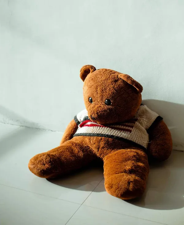 a tidy slumped against a wall and looks kind of sad