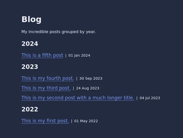 a blog page with  5 posts grouped by year in descending order, most recent to oldest