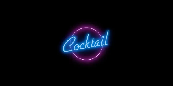 My recreation of the title card of the movie Cocktail. It is a glowing neon bar sign. It has the word 'Cocktail' in bright blue with a pink circle in the rear.