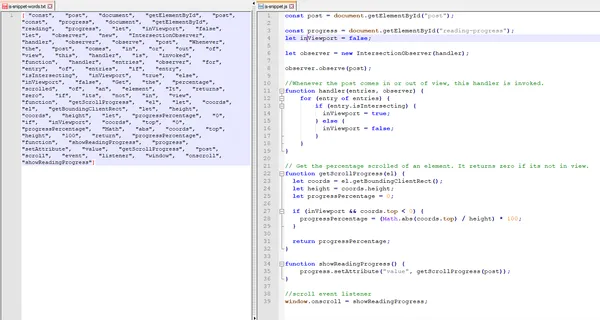 word count for javascript code snippet