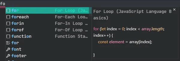 vscode showing intellisense suggestions for javascript snippets