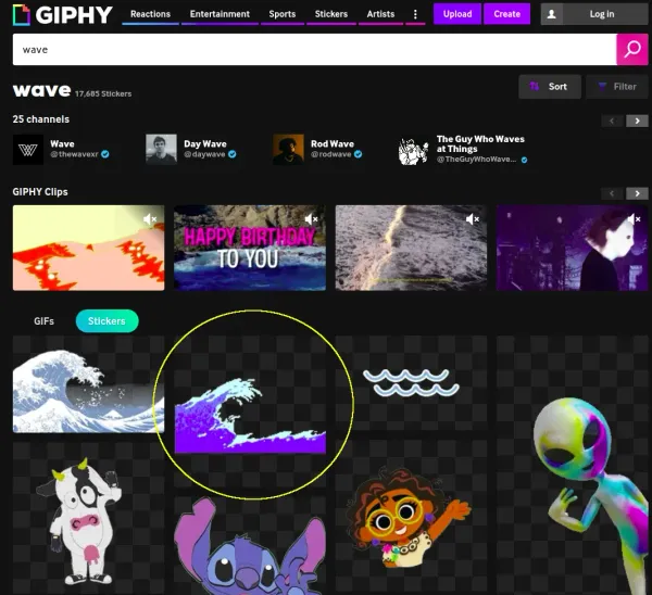 Screenshot of a search on giphy.com for the term 'wave'. The image highlights that the second image is the one chosen.
