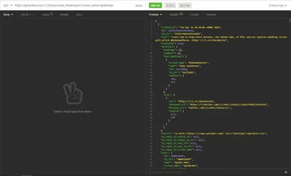 \Twitter API user timeline request and response