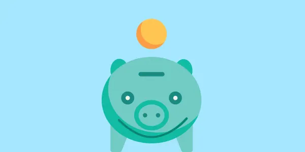 A cartoon of a smiling piggy bank has a coin dropping down from above its head.