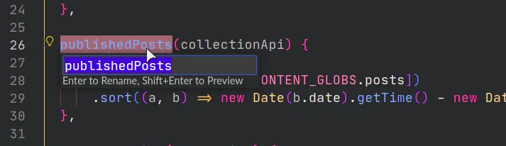 rename symbol command being done on javascript code