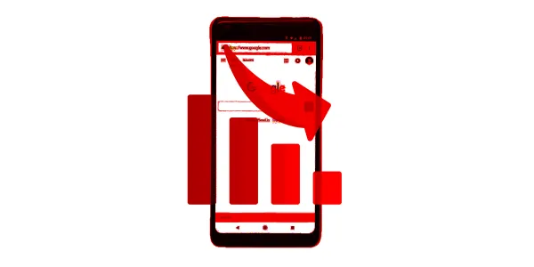 A mobile phone with google's homepage is in the center of the frame. A bar chart is overlaid with 4 descending red bars. An arrow with a downward trajectory is above it. Everything is tinged in red.