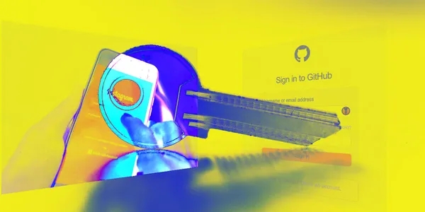 A key is the foreground, and in the background is a hand holding up a phone with the instagram login page, and to the side of it is the GitHub login page. The colours of the images are distorted through blending of the colours.