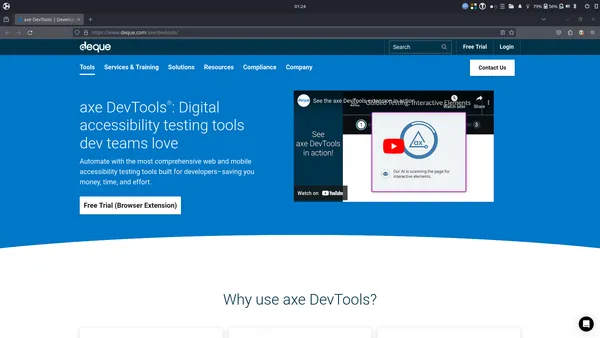 axe devtools main page has a YouTube embed in hero section