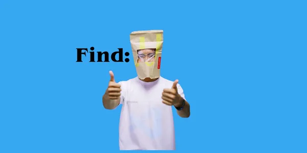 The word 'Find' is beside a man with a McDonalds Bag on his head with 2 thumbs up