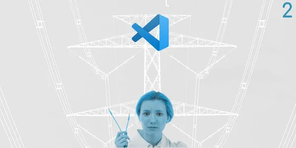 A lady with blue skin is holding up 2 disconnected wires. Above her head is the VS Code logo. The backgroud has a faint outline of powerlines. The number 2 is the top right corner.