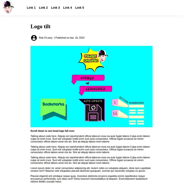 A webpage with the heading 'logo tilt'. The logo is a goofy face.