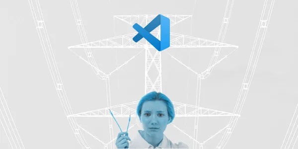 A lady with blue skin is holding up 2 disconnected wires. Above her head is the VS Code logo. The backgroud has a faint outline of powerlines.
