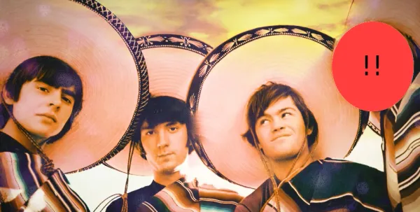 An image of the rock band -The monkees. The 4 band memebers are wearing panchos and mexican hats but with one member with his face blocked out