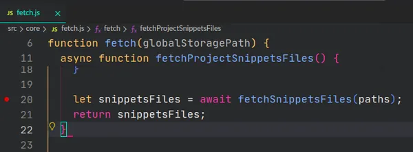 Demonstration of the editor.stickyScroll.enabled setting on a JavaScript file. You can see 2 function defintions are stuck as the top 2 lines. The first is the fetch closure, and the second is the inner function that I am currently in.