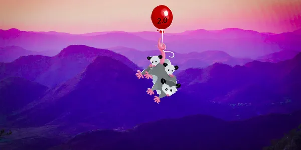 The eleventy mascot, a cartoon possum, is tangled up with 2 other possums attached to a balloon with the number 2.0 on it. They are floating of a valley at dusk.