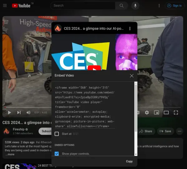 The snippet in the embed dialog for youtube does not include loading='lazy'