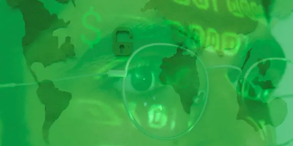 A garish green image has a man in glasses staring into the distance with dollar amounts and the outline of a map projected onto his face.