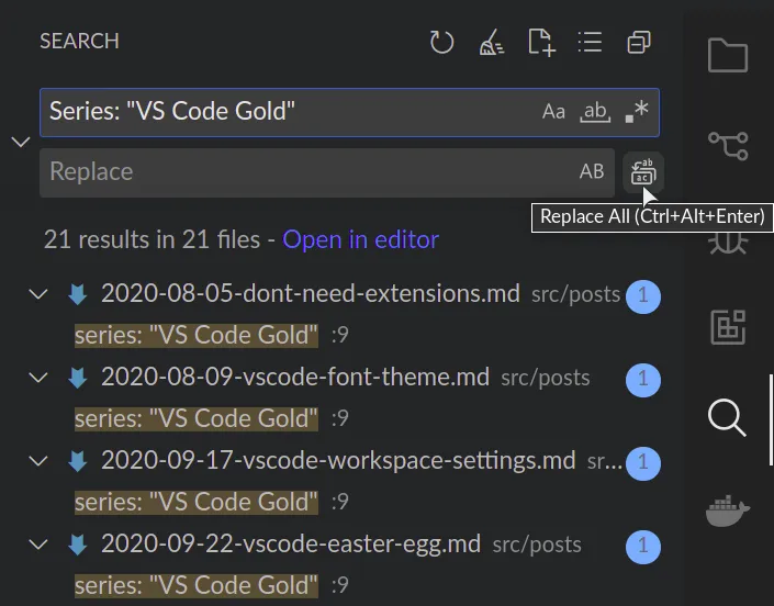 replace button in the search panel in sidebar in vs code