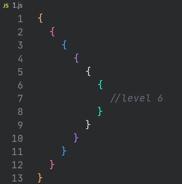 demostration of bracket pair colorization for 6 indented levels