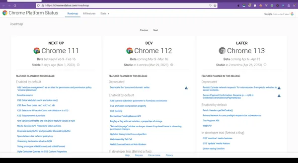 screenshot of chrome release roadmap showing version 110, 111, and 122. It lists the features and fixes for each release